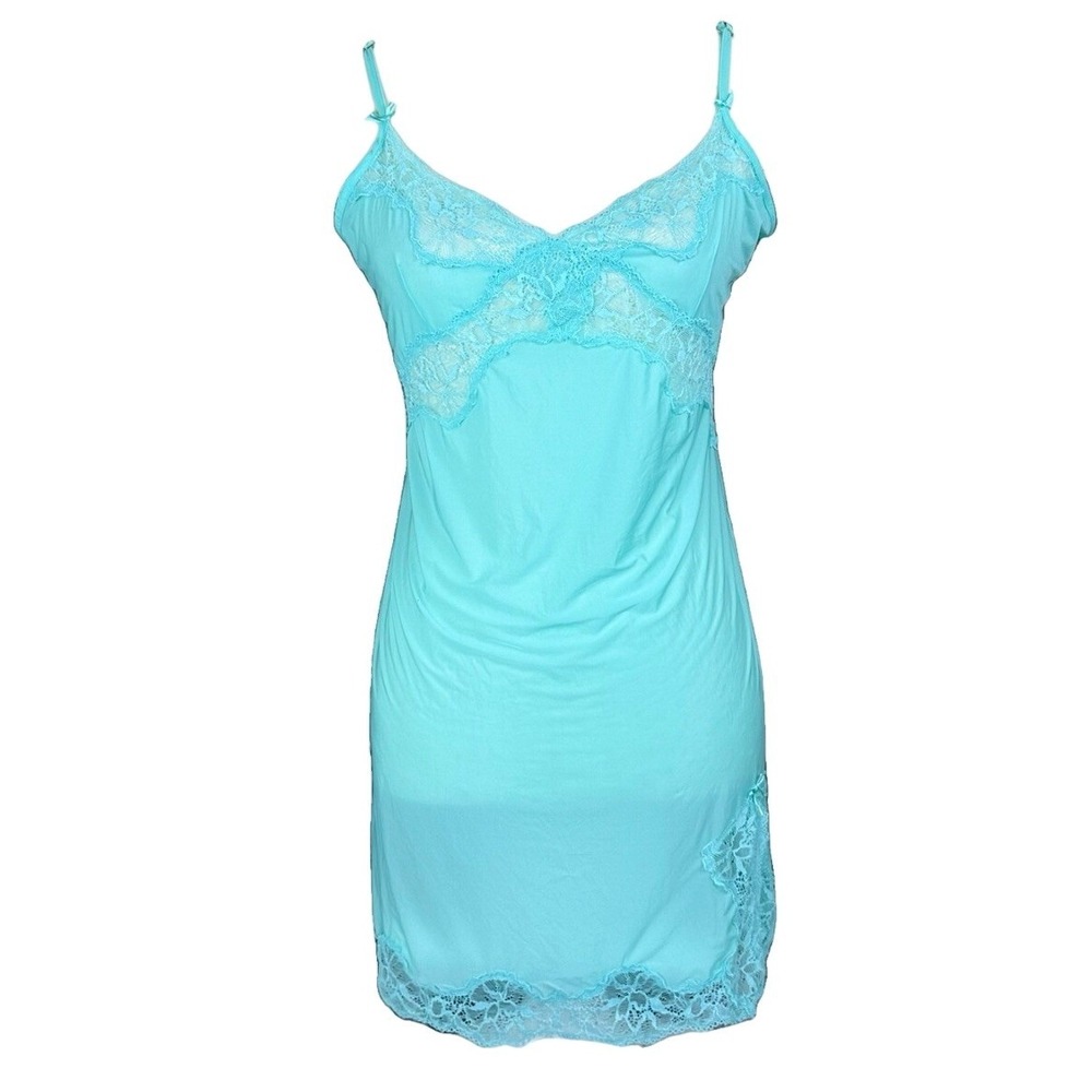 Victorias Secret Aqua Blue Lace Thigh Slit Chemise Babydoll Fairy Slip Dress LG